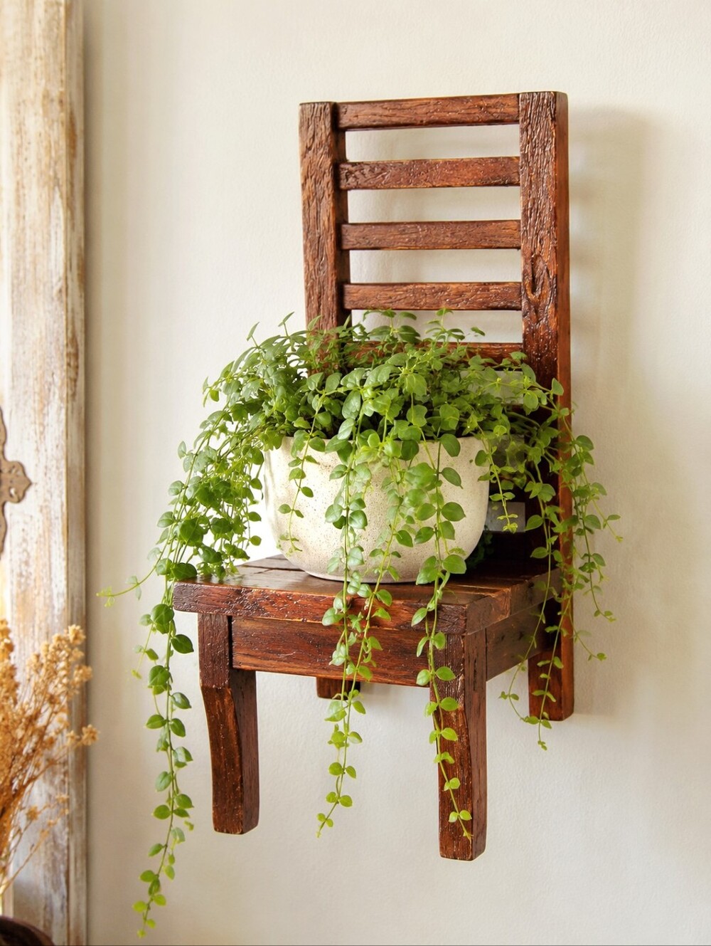 Vintage Wooden Ladder-Back Folk Art Wall Chair